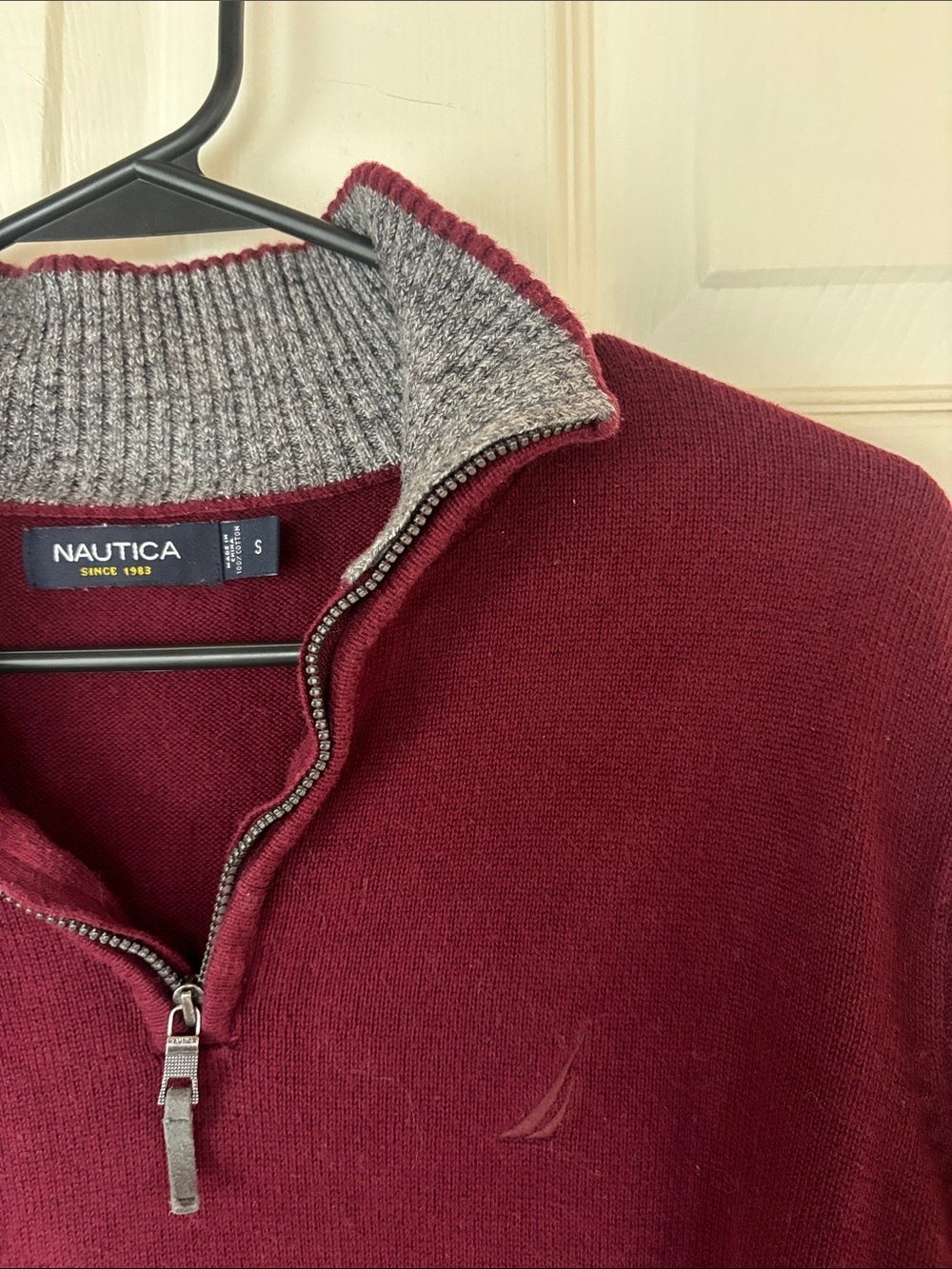 Nautica Men's Burgundy Zip-Up Sweater with Gray Ribbed Collar